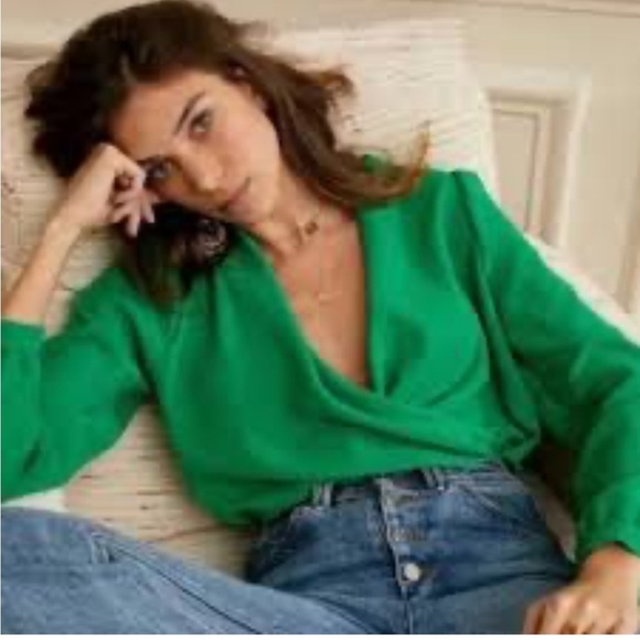 Sezane Abelia Blouse Green Faux Wrap Top Vneck Draped Shirt Long Sleeve 34 US XS - Picture 11 of 13